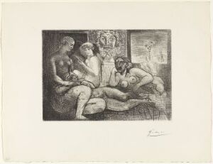  "Femmes entre elles avec voyeur sculpté. Clin d'œil au Bain turc" by Pablo Picasso is a monochromatic etching depicting a group of women in a relaxed, Turkish bath-like scene with a sculpted figure observing them, rendered in detailed shades of black