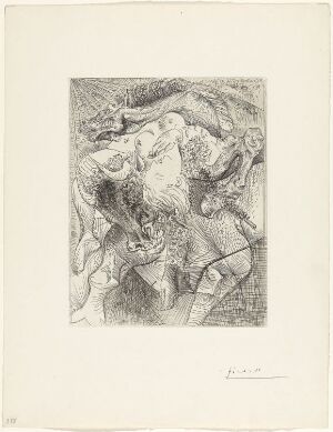  Black and white etching titled "Marie-Thérèse en femme torero" by Pablo Picasso, depicting an abstracted and dynamic scene that suggests the figure of a woman in a matador's outfit amidst a flurry of intermingling forms and textures.