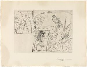  An etching and engraving on paper by Pablo Picasso titled "Minotaure aveugle guidé par une petite fille aux fleurs," featuring a large minotaur figure guided by a small girl holding flowers, with abstract geometric shapes on the left and detailed, expressive lines