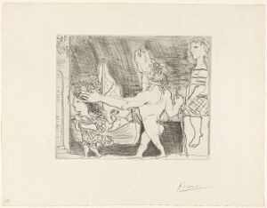  Etching by Pablo Picasso titled "Minotaure aveugle guidé dans la nuit par une petite fille au pigeon" depicting a strong yet blind minotaur at the center being led by a young girl holding a pigeon, crafted with a rich monochromatic palette of blacks, whites, and grays that encapsulate a range of textures and shadowy depths.