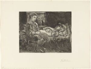  Etching by Pablo Picasso titled "Garçon pensif veillant une dormeuse à la lumière d'une chandelle," featuring a pensive boy watching a sleeper by candlelight, rendered in grayscale on paper.