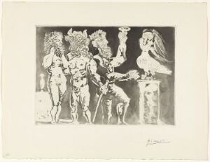  "Chez la pythie-haråpye. Homme au masque de minotaure et femme masque de sculpteur" by Pablo Picasso, depicting a monochromatic aquatint and line etching on paper featuring figures with elements of human and mythical forms, predominantly in shades of black, gray, and white.