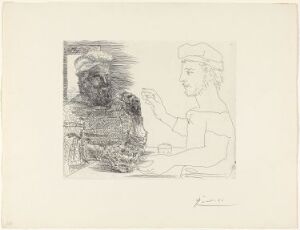  A line etching on paper by Pablo Picasso titled "La taberna. Jeune pêcheur catalan racontant sa vie à un vieux pêcheur barbu," depicting an elderly bearded fisherman on the left, in deep, textured strokes, conversing with a younger, simply rendered Catalan fisherman on the right, against a lightly sketched interior background.