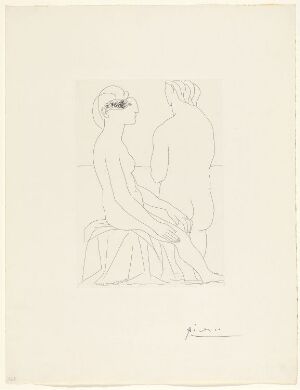 
 "Femmes au bain" by Pablo Picasso, an etching depicting two abstract female nude figures, one seated and one standing, portrayed with minimal black lines on white paper, evoking a sense of calm intimacy.