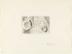  Etching on paper by Pablo Picasso titled "Feuille d'études. Profils de Marie-Thérèse et tête de Rembrandt au béret," featuring a finely sketched female profile on the left, abstract leaf-like textures in the middle, and the detailed head of a figure wearing a beret on the right, against a stark white background with Picasso's signature at the bottom right corner.