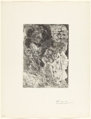  Black and white etching on paper titled "Rembrandt au 'turban', aux 'fourrures' et à l''œil d'éléphant'" by Pablo Picasso, depicting an abstract interpretation of a figure with elements suggestive of a turban and fur, utilizing a complex array of lines and textures to convey depth and a sense of visual interest.