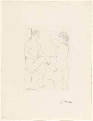  A stylized etching titled "Deux femmes au bain" by Pablo Picasso, depicting two abstract female forms engaged in the act of bathing, executed with simple yet expressive lines on plain paper.