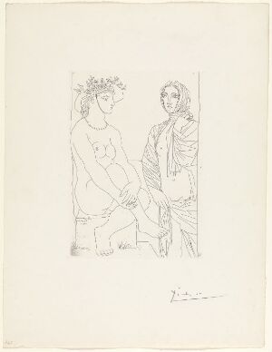  A monochrome Pablo Picasso etching on paper titled "Au bain, femme au chapeau à fleurs et femme drapée dans une serviette" featuring two stylized female figures, one seated in a floral hat, the other standing and draped in a towel, rendered with minimal yet expressive lines.