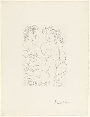  "Jeune Bacchus au tambourin avec une bacchante" by Pablo Picasso, a line etching on paper depicting two mythological figures adorned with wreaths, likely Bacchus holding a tambourin and a bacchante sitting beside him, executed with delicate, precise lines on cream-colored paper.