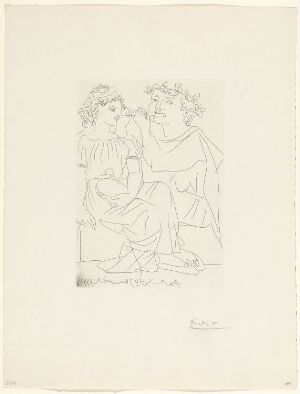  "Flûtiste et jeune fille au tambourine" by Pablo Picasso, is an etching on paper featuring a flutist and a young girl with a tambourine in a classical style, with expressive linear details and an unembellished background, signed by the artist.