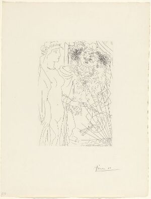  "Rembrandt tenant par la main une jeune femme au voile" by Pablo Picasso, an etching on paper depicting Rembrandt holding the hand of a veiled young woman with expressive lines in various shades of black and gray on a white background.