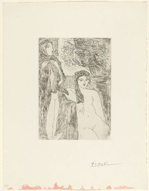  "Femme au voile, modèle assis et tête de Rembrandt" by Pablo Picasso, an etching on paper depicting a scene with multiple figures in a range of tones from black to beige, highlighting the artist's intricate use of line and shadow.