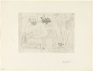  Etching on paper by Pablo Picasso titled "Sculpture avec un groupe sculpté (hommage à Carpeaux)," featuring a sketched seated figure with a contemplative expression and a dynamic group sculpture to the right, all rendered in a monochromatic palette of blacks, whites, and grays on an off-white paper.