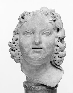  A black and white photo of "Head of the Dionysos child," a marble sculpture by an unknown artist, showing a child's head with classical features, adorned with a grape and vine leaf crown, all rendered in fine-crystalline white to light gray marble with a yellow-brown patina.