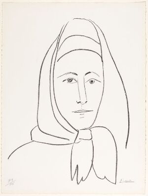  A lithograph on paper titled "Spanish Woman" by Pablo Picasso, featuring a line drawing of a woman's face with a headscarf tied under her chin, capturing her serene expression in black lines on a white background.