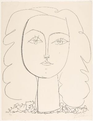  "Françoise" by Pablo Picasso, a black line lithograph on paper depicting the stylized and abstract portrait of a woman with expressive eyes, full lips, and wavy hair, characterized by a minimalistic and elegant aesthetic.