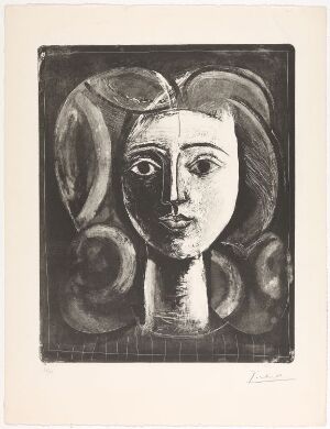  A lithograph on paper by Pablo Picasso titled "Head of a Young Girl" depicting a stylized portrait of a young girl with large, helmet-like hair, rendered in shades of black and gray, with bold lines delineating her facial features.