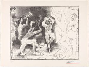  "La danse des faunes," a lithograph on paper by Pablo Picasso, depicting a dynamic and expressive dance scene of mythological fauns with varying line thicknesses and shades of black, white, and gray.