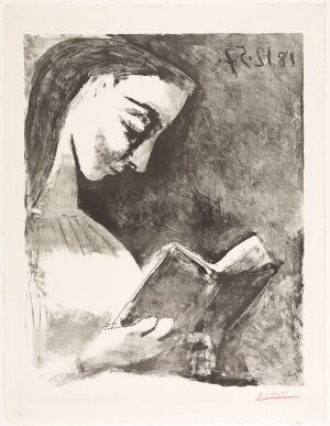  "Jacqueline Reading" by Pablo Picasso, a lithograph on paper displaying an abstract black and white depiction of a woman reading a book, with bold strokes outlining her profile and the artist's signature at the top.