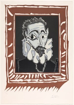  "Portrait d'homme à la fraise. Variation d'après El Greco" by Pablo Picasso is a color linocut on paper featuring an abstract profile depiction of a man with large, exaggerated eyes and a ruffled collar framed by a dynamic crimson border with organic patterns on an off-white background.