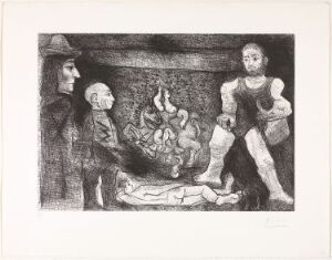  Etching on paper by Pablo Picasso titled "Picasso, son œuvre, et son public" depicting three abstract figures with juxtaposed forms in various shades of black, white, and gray.