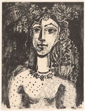  A lithograph on paper by Pablo Picasso titled "Young Girl Inspired by Cranach," depicting a stylized monochromatic portrait of a young girl with expressive features, curly hair with a floral wreath, and an ornate garment, in shades of brown and black.