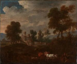  "Italian Landscape with a Church" by Isaac de Moucheron is a classic landscape painting on canvas with a palette of earthy tones. It depicts rolling hills, trees, a semi-clouded sky with tones of blue and light yellow, a church at the center, and a flock of animals in the foreground amidst the dark green grass.