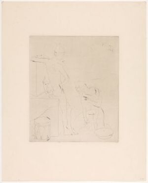  "Badet" by Pablo Picasso, a black and white drypoint print on paper depicting a simple scene with adult and child figures interacting around a rudimentary bath, executed with delicate and minimal line work.