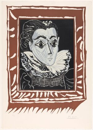  "Portrait de Jacqueline à la fraise" by Pablo Picasso, a linocut print on paper showing a simplified, stylized portrait of a woman with her hair pulled back, dramatic almond-shaped eyes, and a frilled collar, framed by a patterned border, rendered in contrasting dark and light tones.