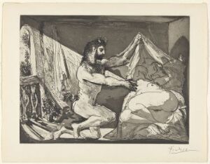 
 "Faune dévoilant une dormeuse (Jupiter et Antiope, d'après Rembrandt)" by Pablo Picasso, a grayscale etching portraying a faun unveiling the sleeping Antiope in a classical setting, with detailed line work and contrast between the figures' shades.