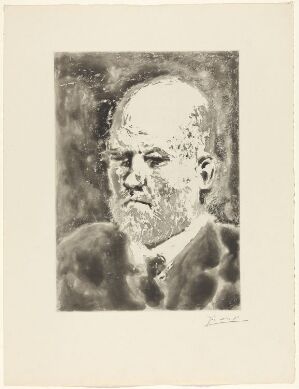  Black and white etching titled "Portrait de Vollard I" by Pablo Picasso, featuring a detailed depiction of Ambroise Vollard's head and shoulders with expressive lines and contrasting shades on paper.