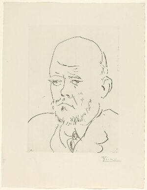  "Portrait de Vollard III" by Pablo Picasso, a monochromatic etching on paper featuring a line drawing of a thoughtful man with a bushy beard and a distant gaze, set against an off-white background with Picasso's signature in the lower right corner.