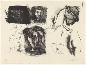  "Page de croquis (têtes d'enfants et de chevaux)" by Pablo Picasso, a lithograph on paper depicting a series of monochromatic sketches with various heads of children and horses, characterized by a combination of detailed and abstract styles, and dominantly using black and gray tones on an off-white background.