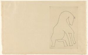  Pablo Picasso's "Chevaux de minuit, frontispice" is a minimalistic line drawing on cream-colored paper, featuring a profile view of a stylized horse depicted with smooth, continuous lines.