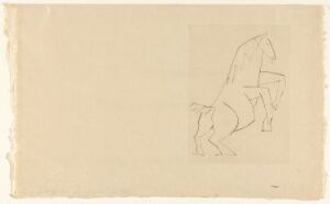  "Cheveaux de minuit, illustration II" by Pablo Picasso displays a stark black line drawing of a horse, shown in profile rearing up, with minimal lines on a warm off-white paper with slightly irregular edges.