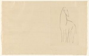  "Chevaux de minuit" by Pablo Picasso is a minimalist artwork on beige paper showcasing the abstract form of a horse created with flowing, vertical, and curvilinear lines using the drypoint technique, evoking movement and a dreamlike emergence from the night.