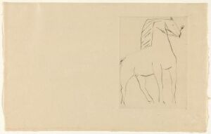  "Chevaux de minuit, illustrasjon III. Fantasque" by Pablo Picasso, a monochromatic drypoint print on light beige paper depicting a stylized, minimalist side profile of a poised horse, outlined in confident dark strokes against a plain background.