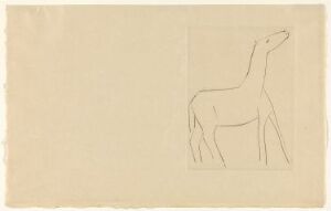  An etched print titled "Chevaux de minuit, illustrasjon IV. 'Romance'" by Pablo Picasso, featuring a minimalistic line drawing of a stylized horse on an off-white paper, exemplifying elegance through simplicity.