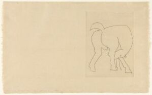  A copper engraving and drypoint on beige paper by Pablo Picasso titled "Chevaux de minuit, illustrasjon V. 'Centaure'," showing a minimalistic and abstract depiction of a centaur facing left with sparse lines conveying the creature's human and equine features.