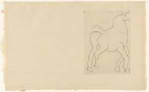  "Chevaux de minuit, illustrasjon VI. 'Funérailles'" by Pablo Picasso - a stylized drypoint and etching of a horse on beige paper, with the horse appearing to look back over its shoulder, captured in expressive black lines against an untouched paper background.