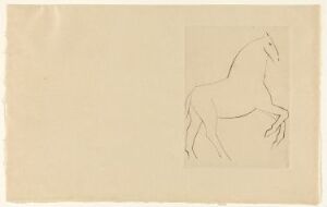  A minimalist line drawing by Pablo Picasso, titled "Chevaux de minuit, illustrasjon VII. 'Le courier,'" depicts a spirited horse rearing up on its hind legs, etched in black on off-white paper, centered with a wide border surrounding the artwork, emphasizing its elegant simplicity.