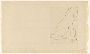 
 A monochromatic drypoint print by Pablo Picasso titled "Chevaux de minuit, illustrasjon VIII. 'La relève'", depicting a minimalistic representation of the rear half of a horse bent at the knees, rendered in a sepia tone on aged paper.