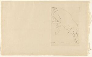  A minimalist drypoint print by Pablo Picasso titled "Chevaux de minuit, illustrasjon IX. 'S'échappe'", depicting what seems to be the outline of a horse in motion on an off-white paper, using sparse and expressive lines, suggesting a moment of escape or dynamic movement.