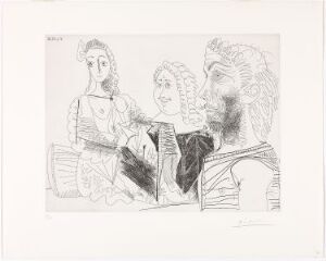  A line etching on paper by Pablo Picasso titled "Homme et gilet afghan songeant aux amours d'un 'mousquetaire' et de sa dulcinée" featuring three figures in a narrative scene; a woman with delicate features on the left, another woman seen from the back in the middle, and a