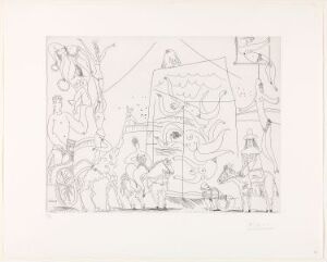 Black and white etching by Pablo Picasso titled "Au cirque: Acrobates, girafe, nageuses..." depicting abstracted and fragmented circus imagery, including figures resembling acrobats and a giraffe among other forms on paper, showcasing Picasso's line work with an emphasis on movement and surreal composition.