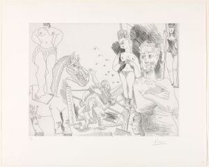 
 Black and white etching titled "Cirque et catch" by Pablo Picasso, featuring a stylized horse on the left, a prominent female figure in the center with sharp features, and surrounding characters that evoke a sense of movement and theatrical performance.