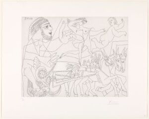  A black and white Pablo Picasso etching titled "El Arrastre, avec écuyère et putto," showcasing a dynamic, abstract scene with human figures, a female rider, and a cherubic boy amidst other forms and animals, using varied line weights and grayscale shading to create depth on paper.