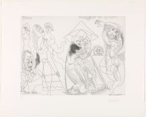  A monochromatic etching by Pablo Picasso titled "Vieil homme au chapeau tonkinois songeant aux amours des vieux messieurs", featuring a central older male figure in contemplation surrounded by whimsically stylized characters with a composition balanced through line work and textural hatching.