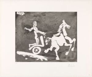  "Télévision: Course de chars à l'antique" by Pablo Picasso, is a monochromatic aquatint and etching on paper, depicting a stylized ancient chariot race with two horses in motion and a charioteer holding reins, executed in shades of black, gray, and white.