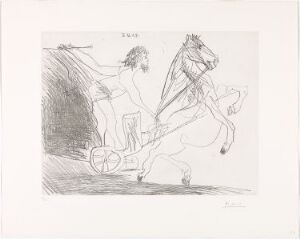  "Télévision: Course de chars à l'antique. II" by Pablo Picasso, a drypoint etching on paper, depicting a dynamic ancient chariot race with a charioteer and two horses in expressive lines, emphasizing movement and tension on an off-white background.